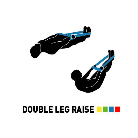 Zwei schwarze Silhouetten von Personen, die mit Widerstandsbändern trainieren, beschriftet 'Double Leg Raise'.