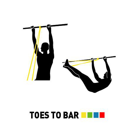 Zwei Silhouetten, die die Übung 'Toes to Bar' mit einem Band demonstrieren.
