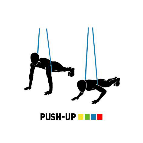 Zwei Strichmännchen, die Liegestütze demonstrieren, mit blauen Linien und dem Wort 'PUSH-UP'.