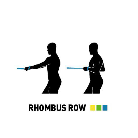 Zwei schwarze Silhouetten in einer Raute-Reihe-Übungspose mit blauen Bändern.