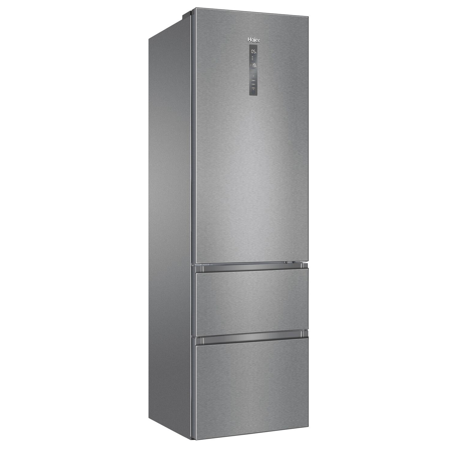 Un refrigerador alto y plateado con tres cajones. Es de diseño moderno.