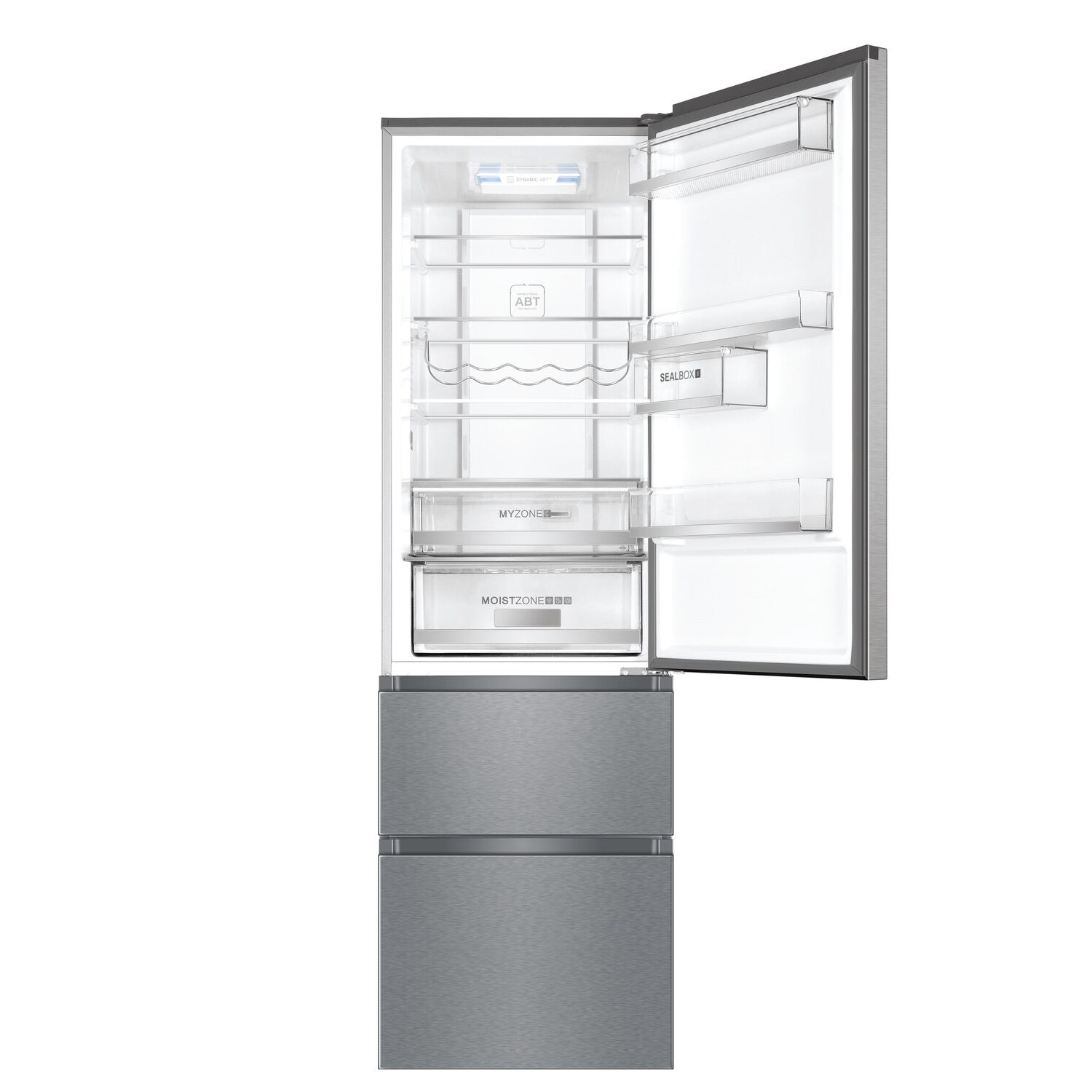 Refrigerador de acero inoxidable abierto. Cajones y estantes visibles. Vacío por dentro.