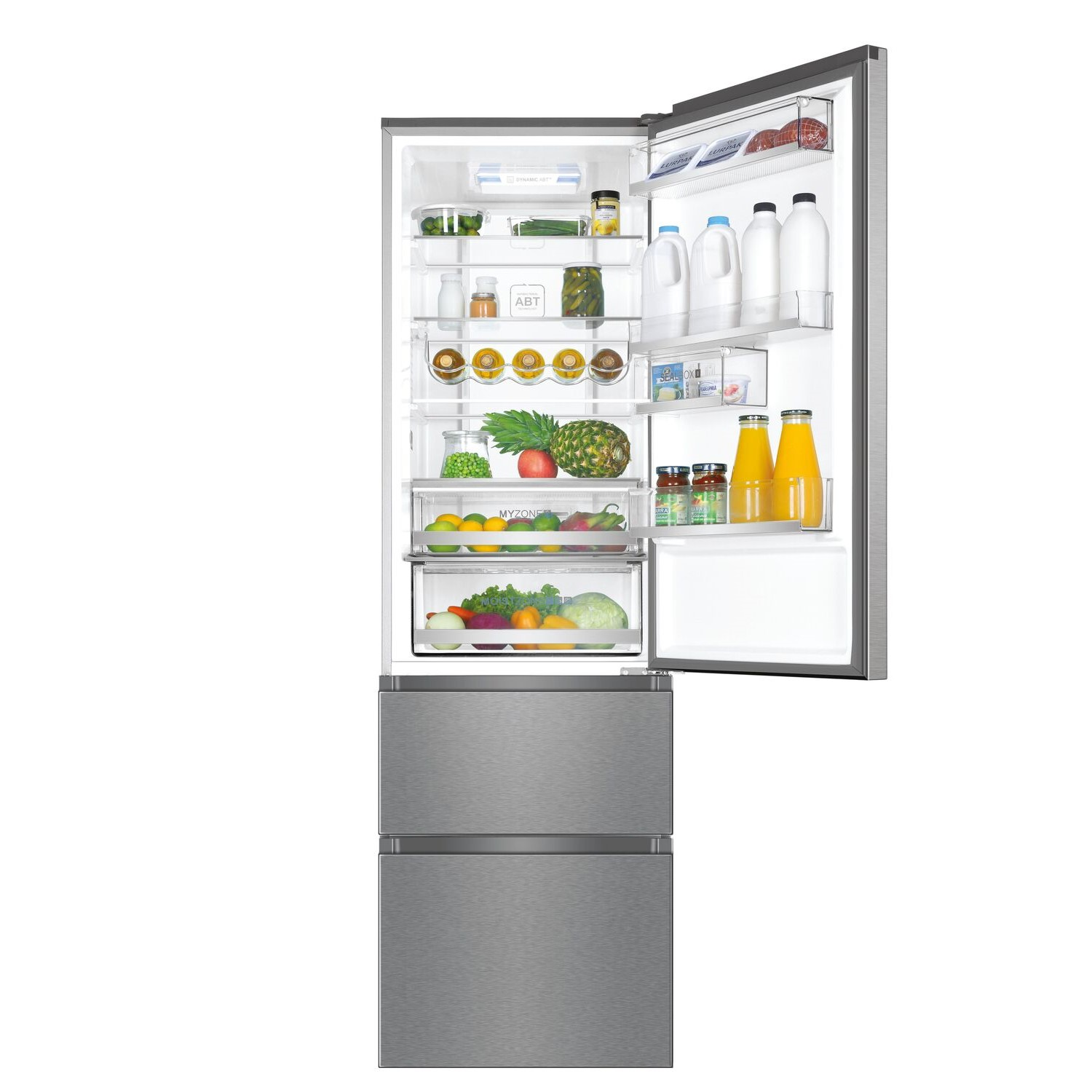 Un refrigerador de acero inoxidable con la puerta abierta, mostrando estantes con comida y cajones con productos.