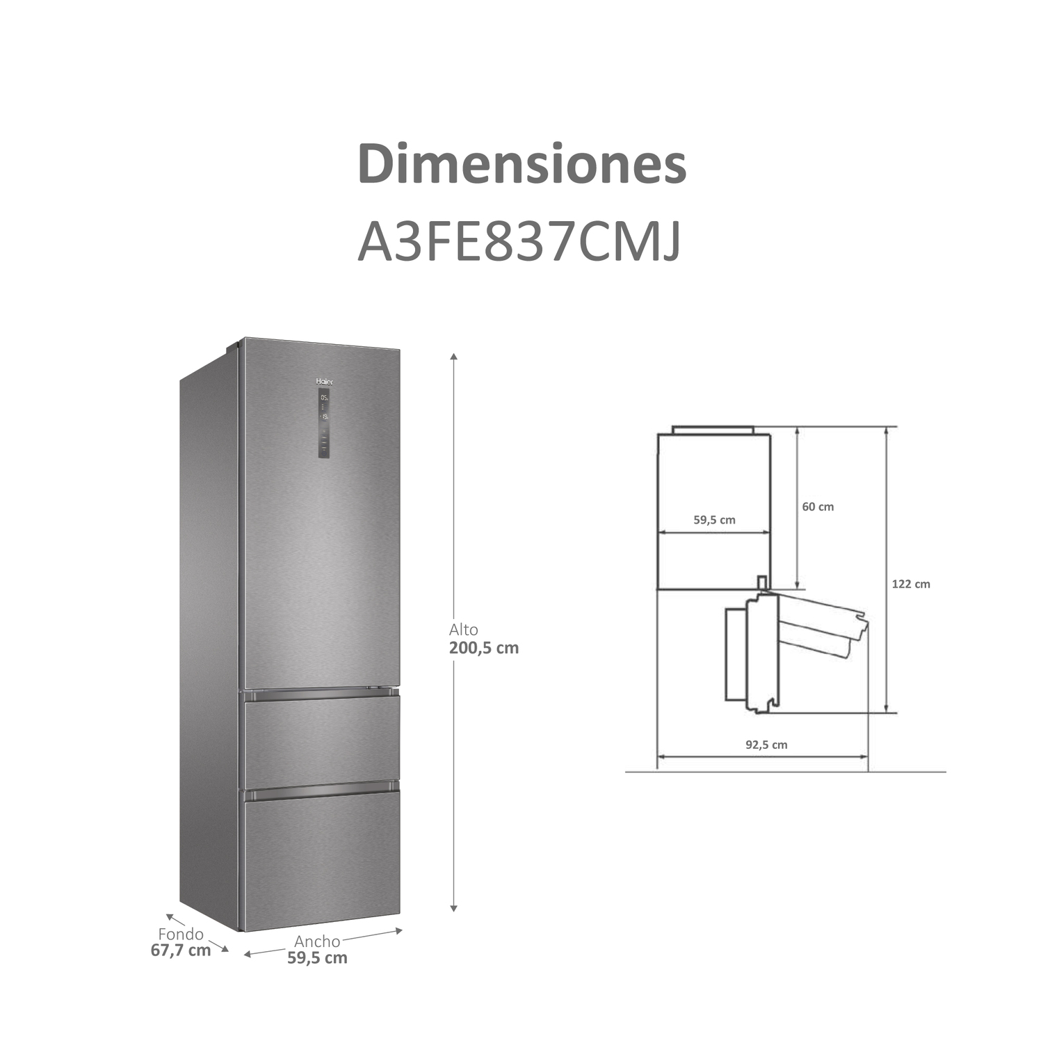 Refrigerador plateado con diagrama de dimensiones y medidas en milímetros.