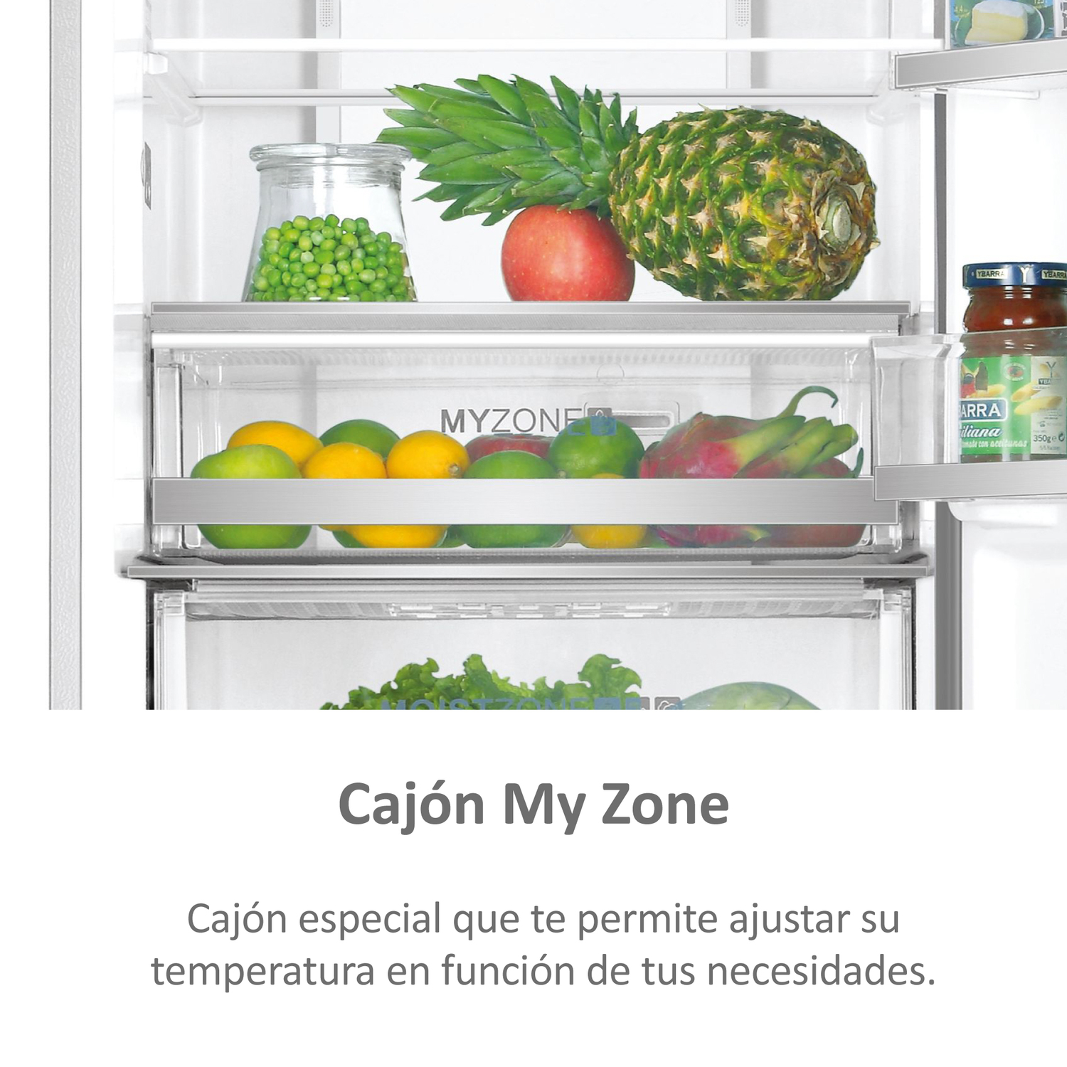 Interior de refrigerador con frutas, verduras y contenedores. El texto 'My Zone' es visible.