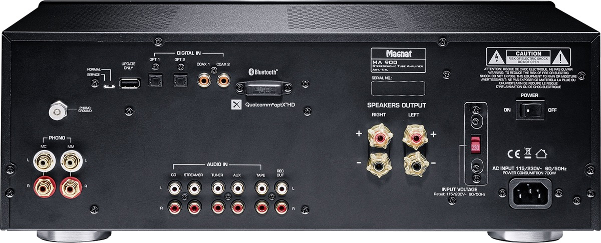 Rückseite eines Audioverstärkers mit verschiedenen Ein- und Ausgangsanschlüssen.