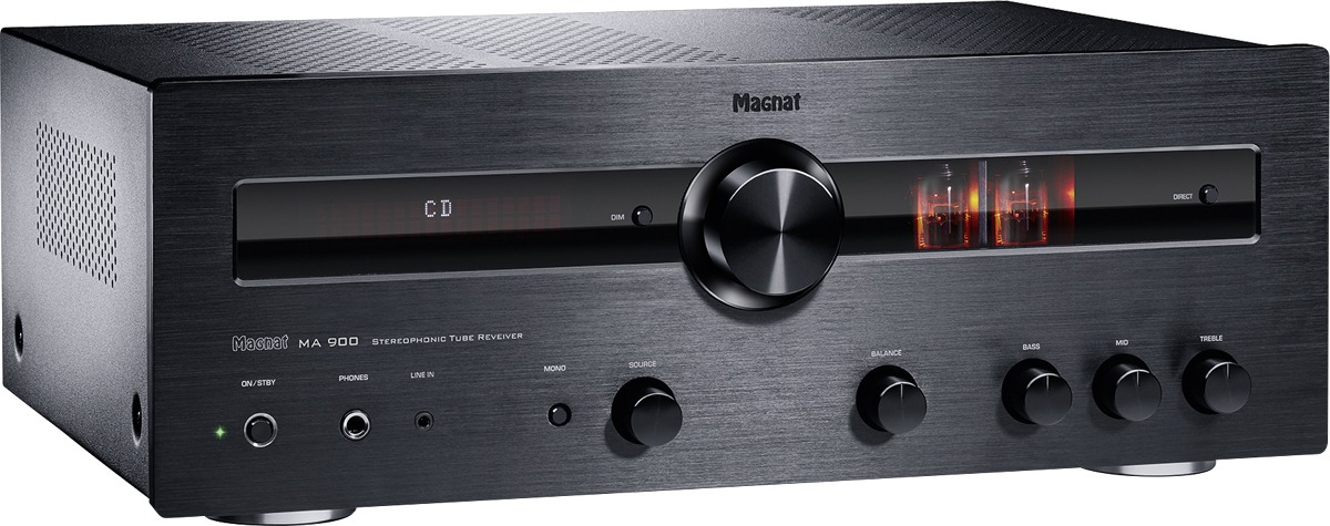 Schwarzer Stereo-Receiver. Er hat eine CD-Anzeige, mehrere Knöpfe und eine silberne Frontplatte.