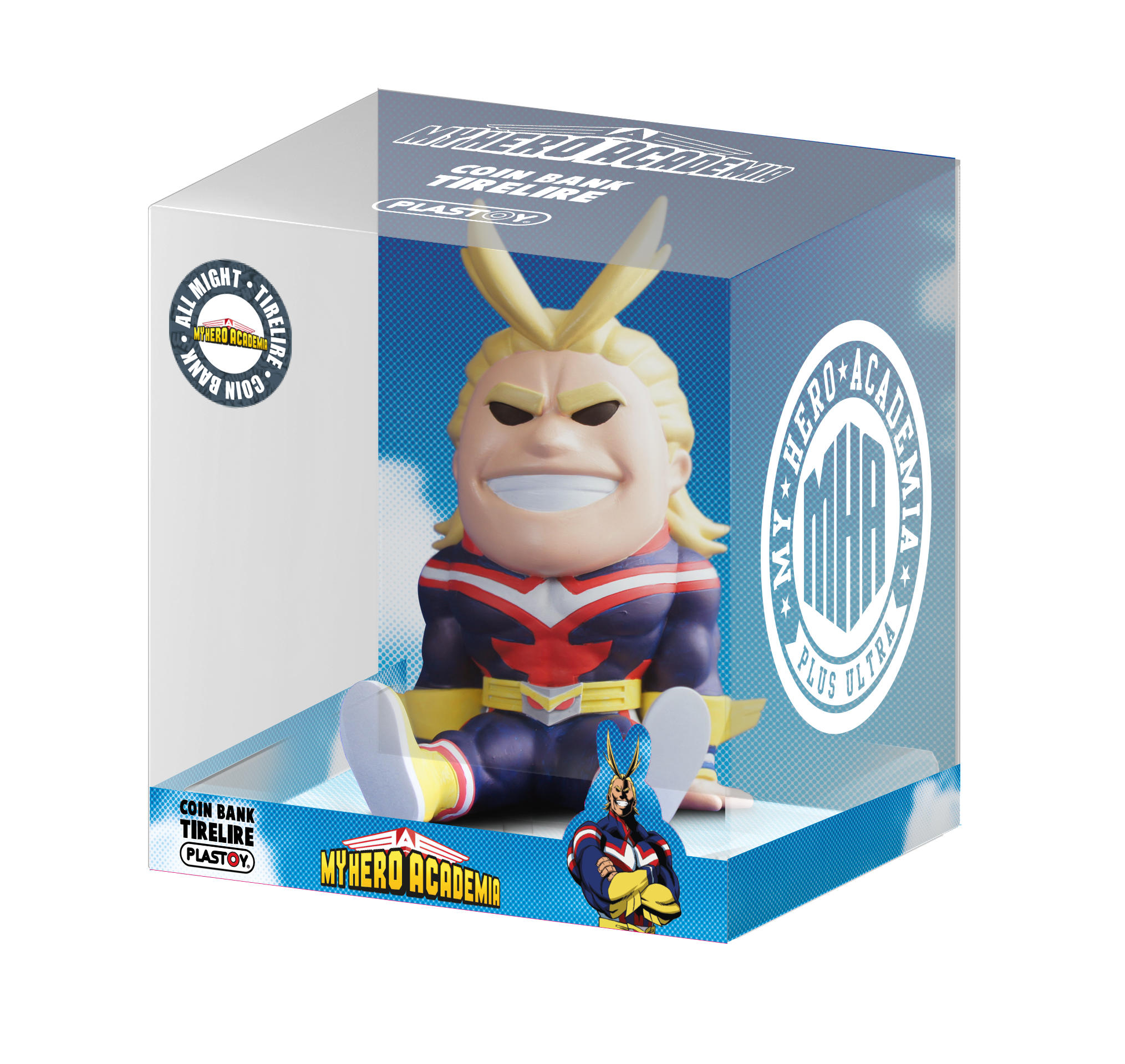 All Might Münzbank in Verpackung. Die Figur ist blau, rot und gelb. Verpackung mit My Hero Academia Logo.