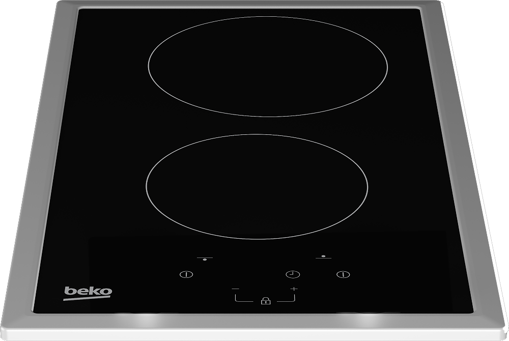 Una placa de inducción Beko con dos zonas de cocción y controles táctiles.