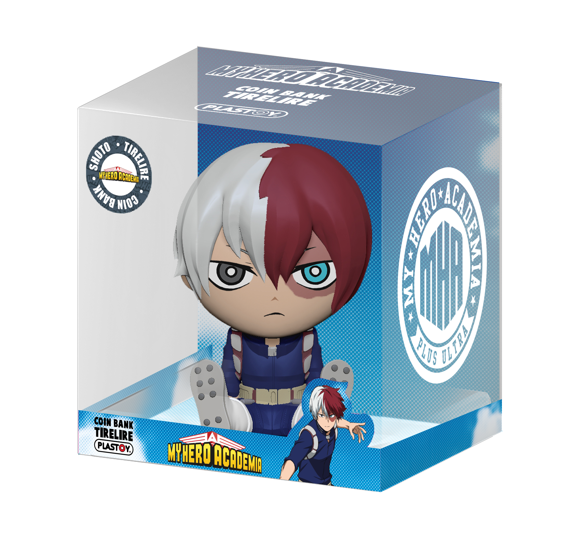 My Hero Academia Münzbank mit Todoroki-Charakter in der Box.