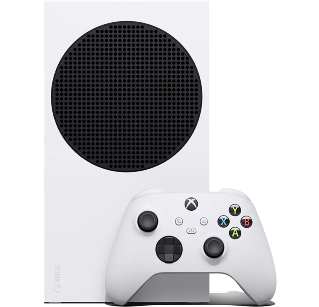 Consola Xbox Series S blanca y un mando Xbox blanco.