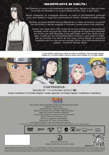 Parte trasera de una caja de DVD, Naruto, con imágenes de personajes.