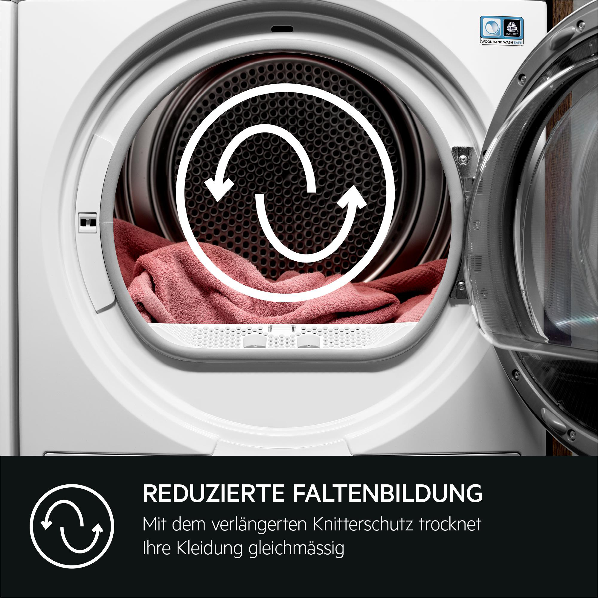 Trocknertür offen mit rosa Handtüchern und Text.