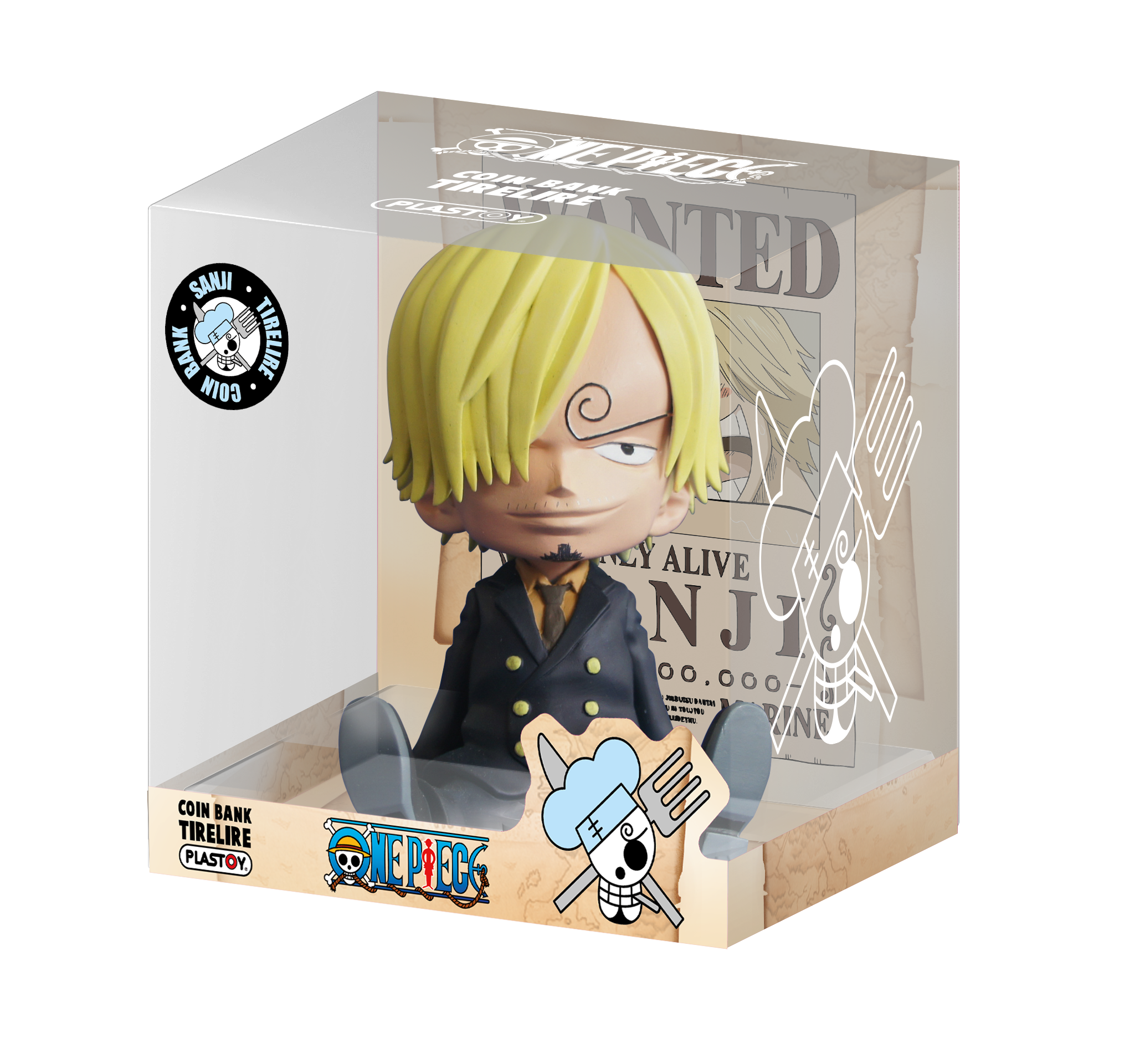 Sanji-Münzbank in einer durchsichtigen Box. Die Figur hat gelbes Haar, einen schwarzen Anzug und ein Wanted-Poster.