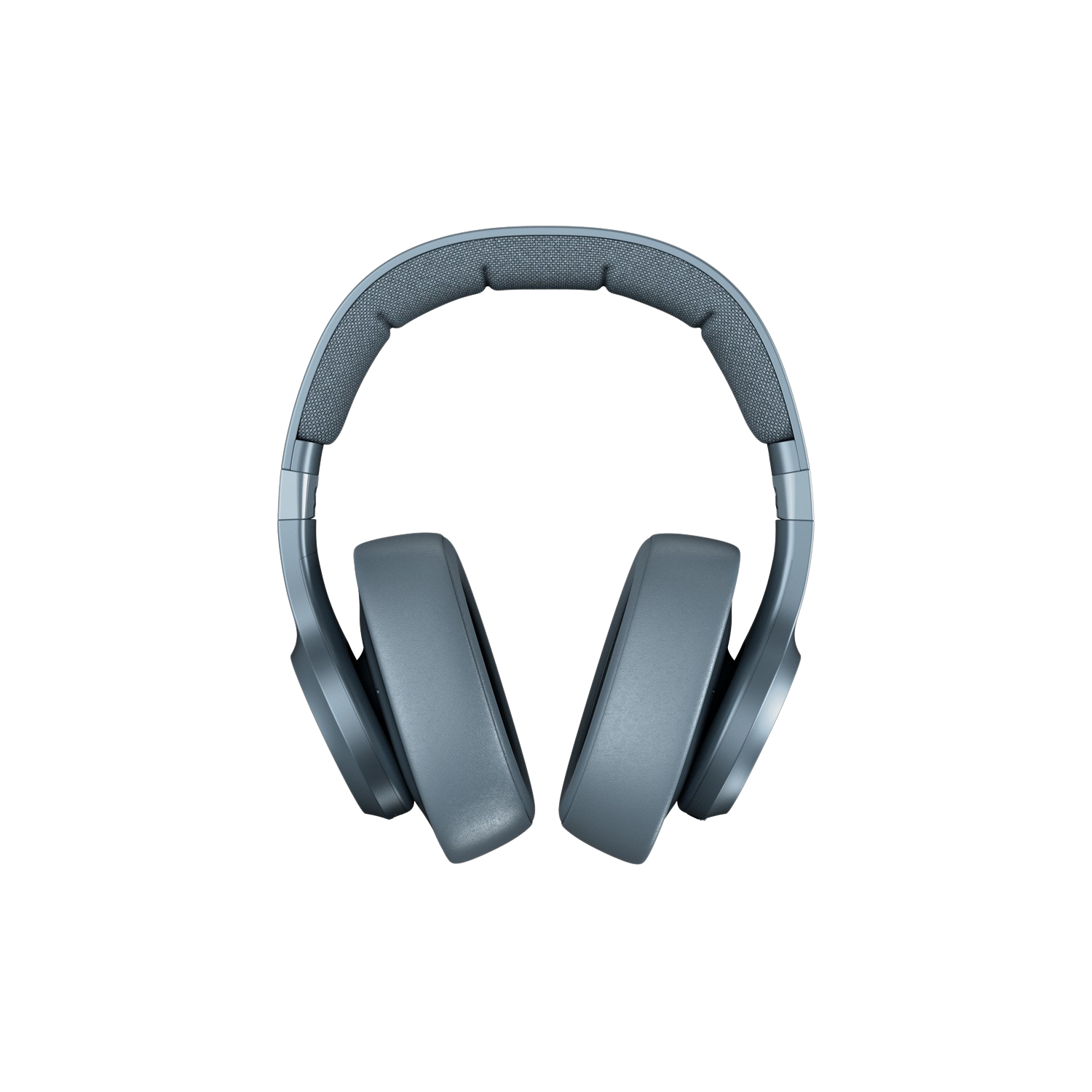Gray headphones with a padded headband, against a black background.