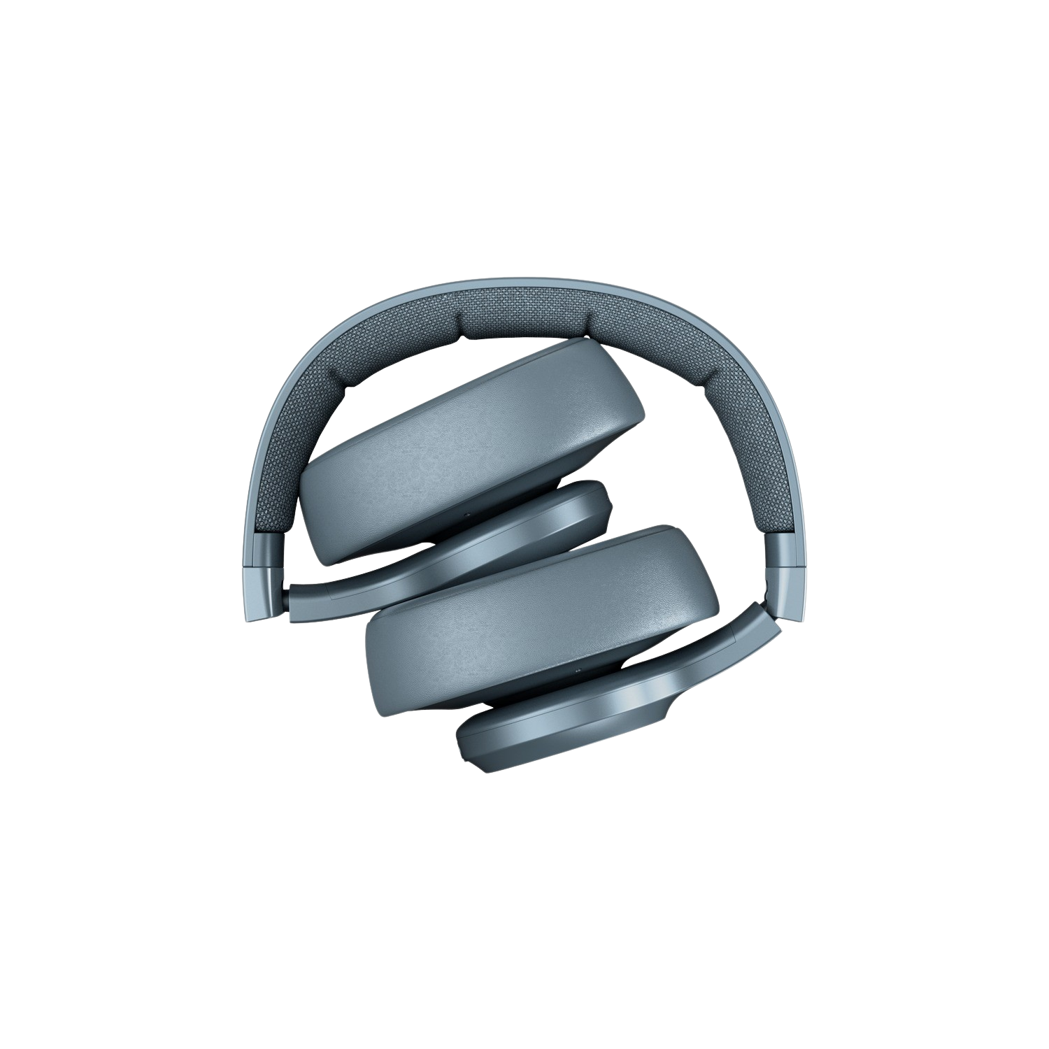 Folded, grey headphones on a black background. The headphones are in a U shape.