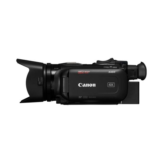 Schwarze Canon XA60 Camcorder auf weißem Hintergrund.