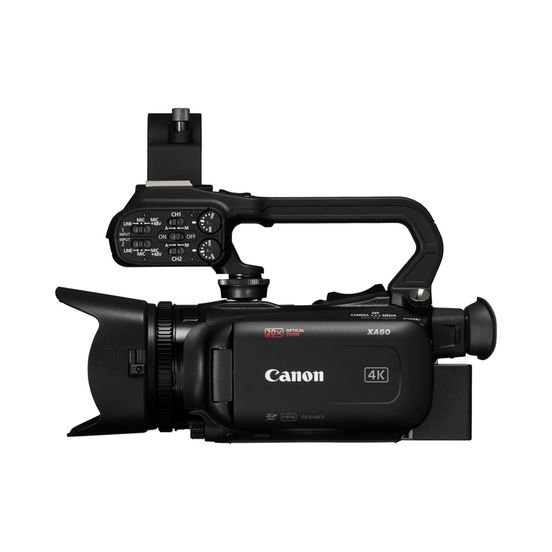 Schwarze Canon XA60 Videokamera mit Griff und Objektiv, Draufsicht.
