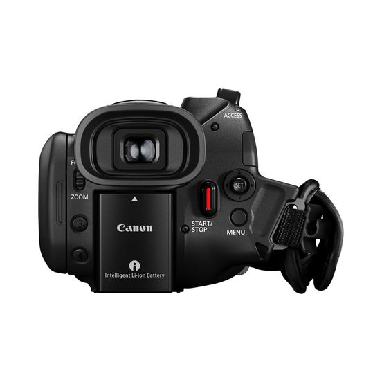 Draufsicht auf eine Canon Camcorder, zeigt Bedienelemente, Akku und Sucher.