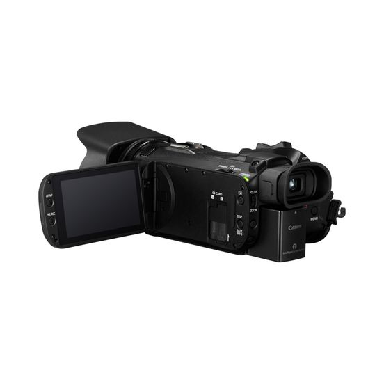 Schwarze Canon Camcorder mit geöffnetem Bildschirm, Objektiv nach vorne, auf weißem Hintergrund.