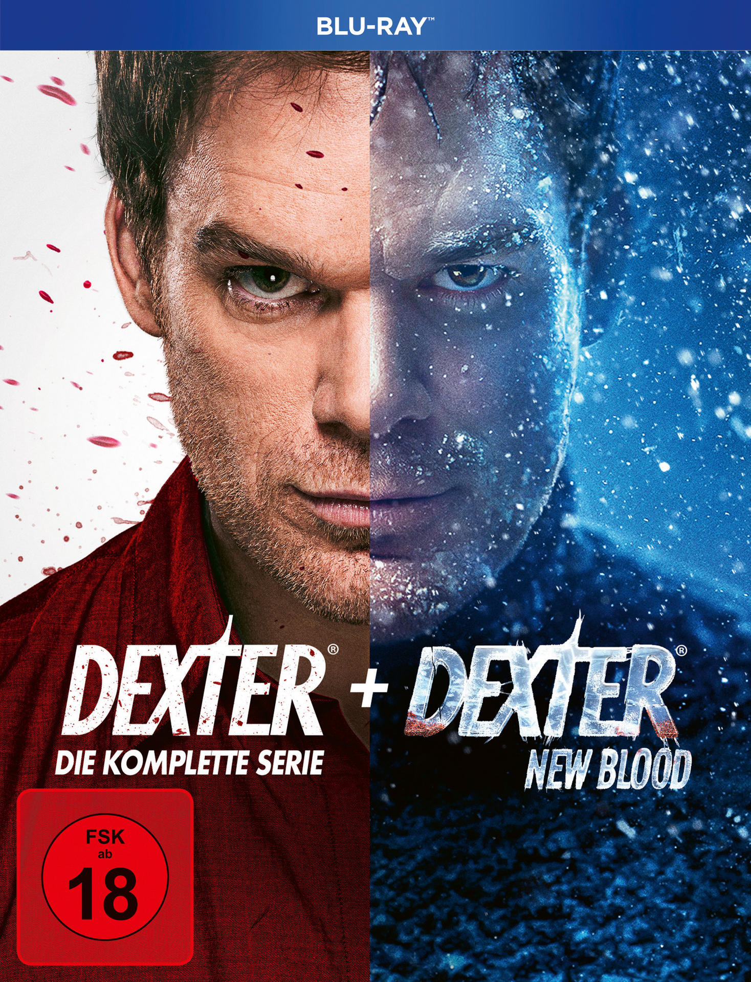 Dexter + New Blood Blu-ray-Cover, geteiltes Gesichtsbild. Das Cover ist auf Deutsch.