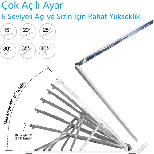 15 ila 40 derece arasında değişen farklı açı seçeneklerini gösteren dizüstü bilgisayar standı. Türkçe metin.