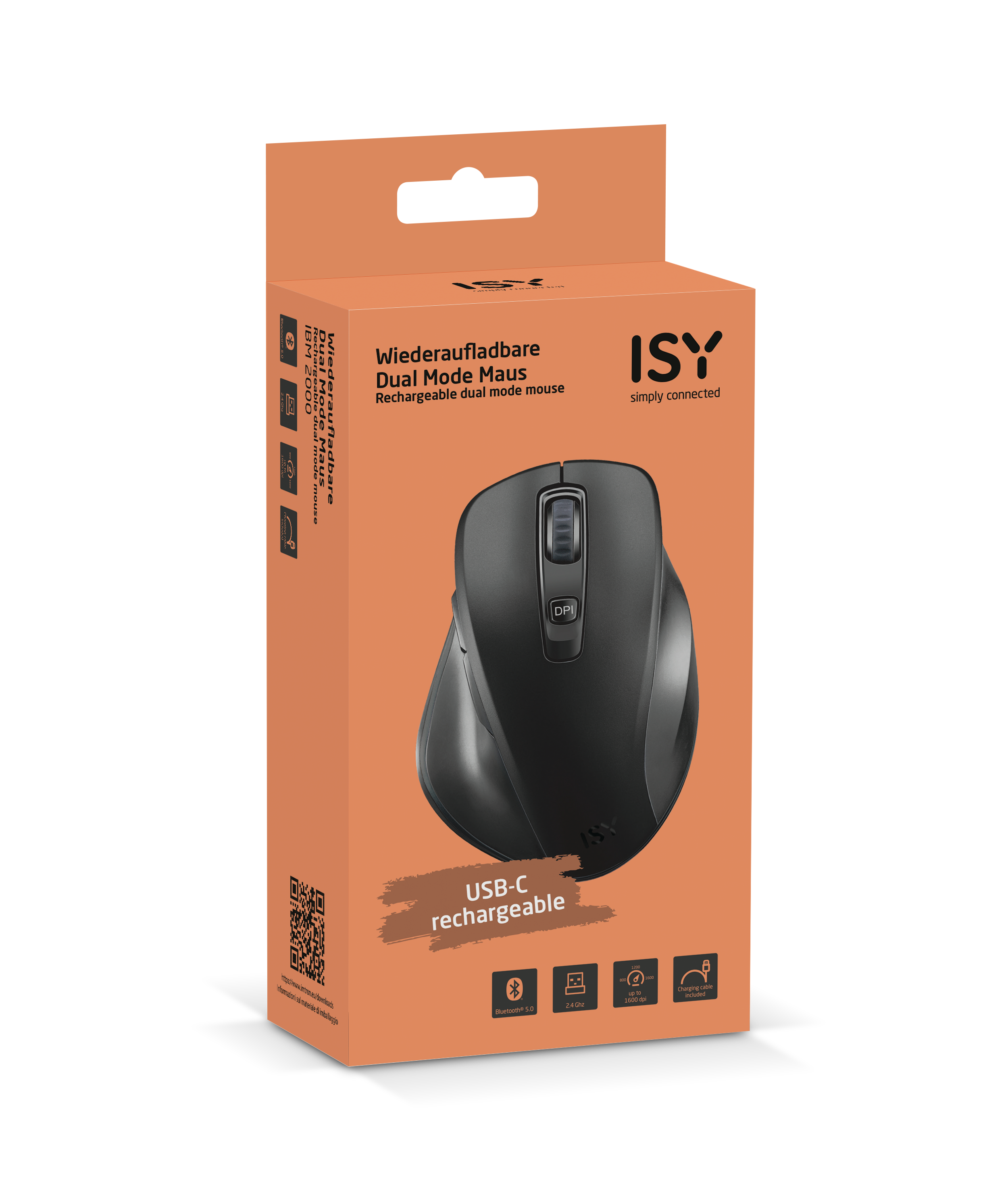 Eine verpackte schwarz-graue kabellose Maus mit Scrollrad und Tasten. Sie ist per USB-C aufladbar.