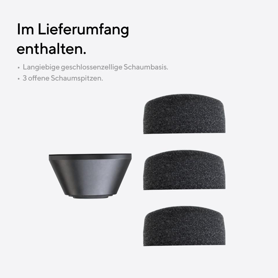 Bild eines schwarzen trichterförmigen Geräts und drei Schwammspitzen.