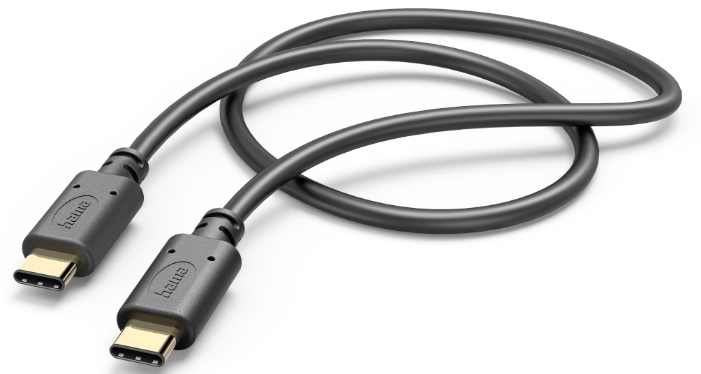 Deux câbles USB-C noirs avec des connecteurs dorés, posés sur une surface blanche.