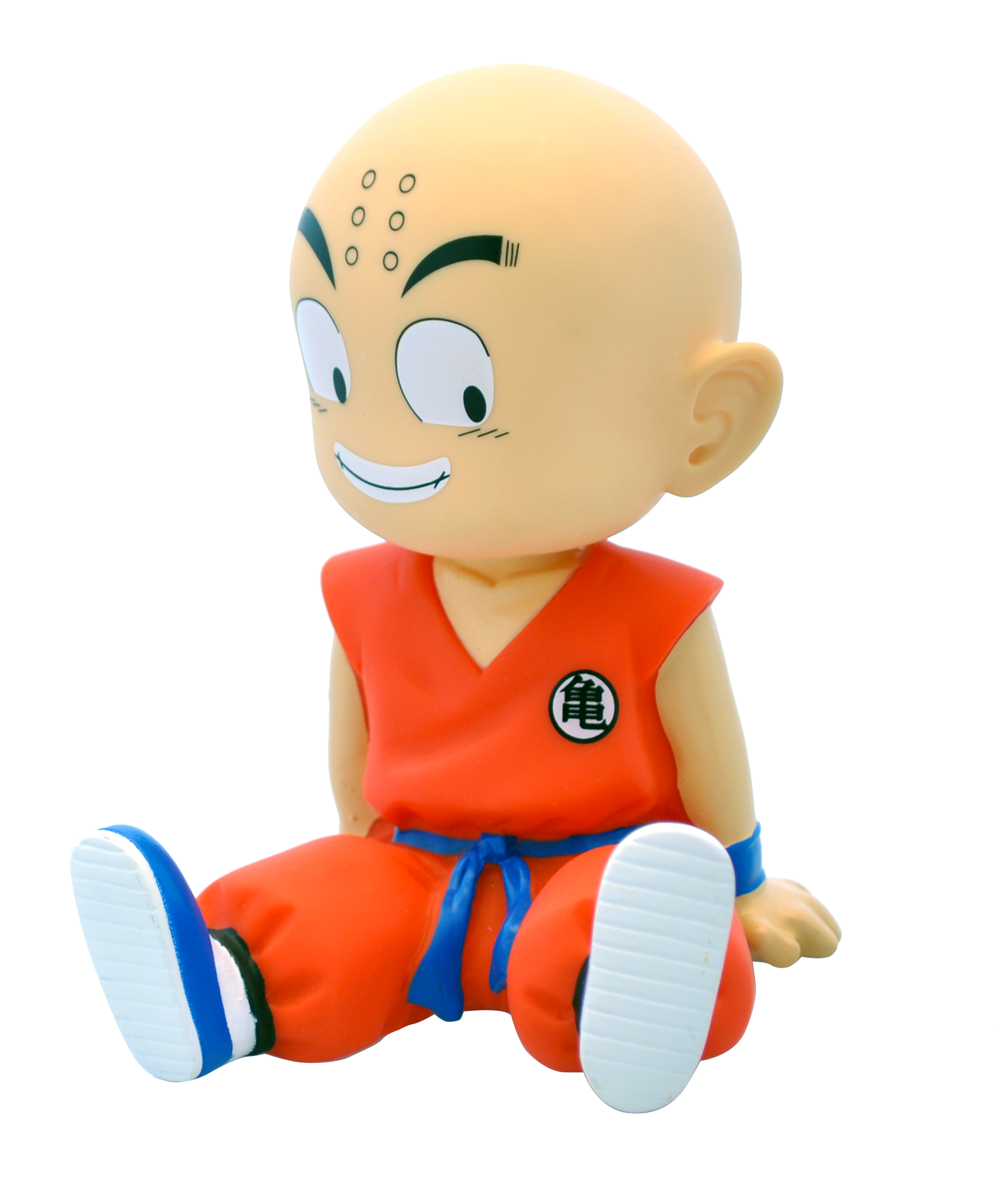 Ein kahler Anime-Charakter in orangefarbener Kleidung, der auf dem Boden sitzt.