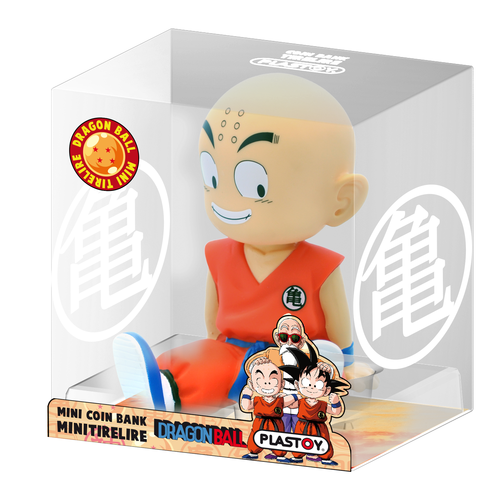Krillin Dragon Ball Z Mini-Münzbank in einer durchsichtigen Vitrine.