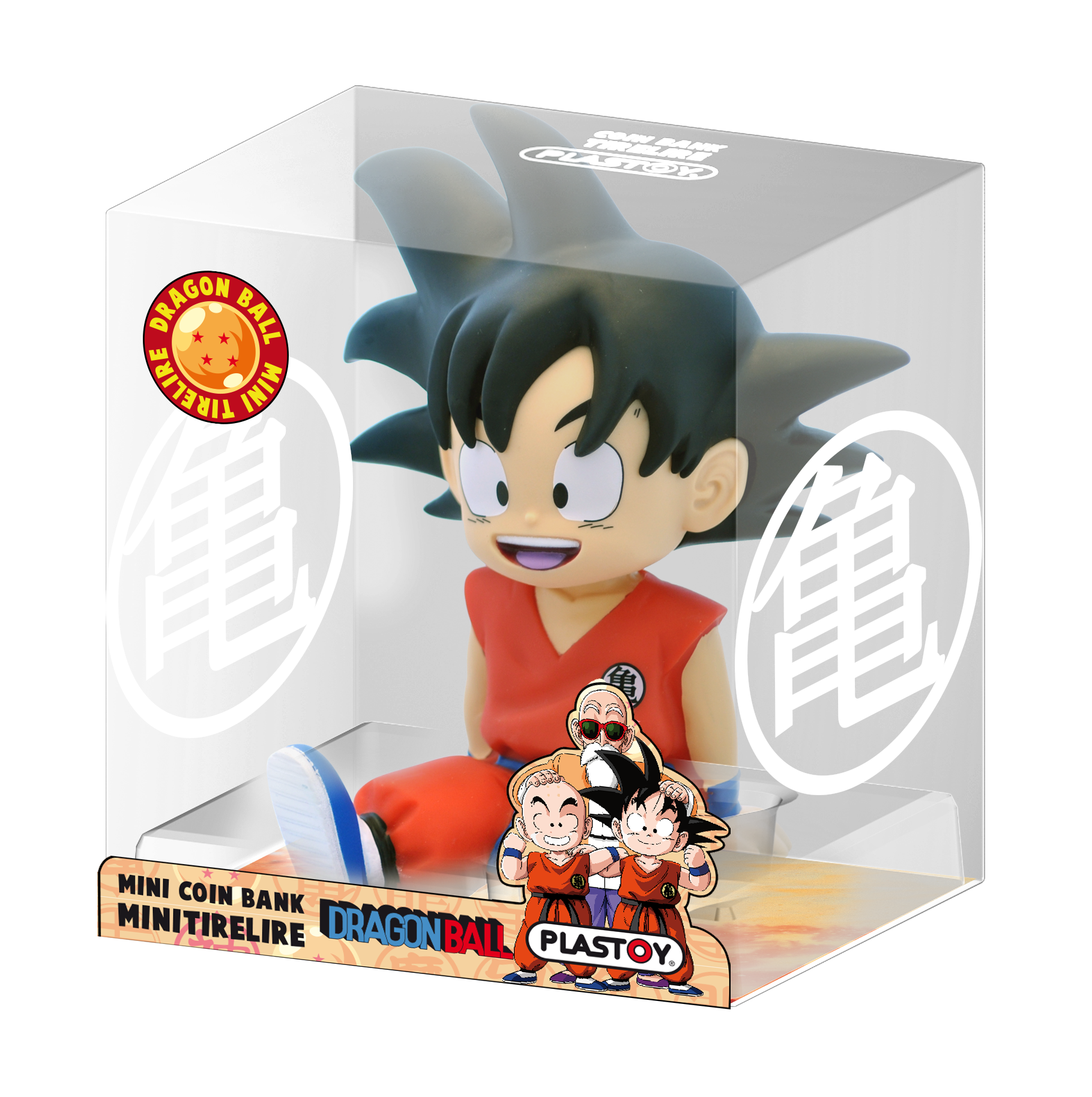 Goku Dragon Ball Z Mini-Münzbank in einer durchsichtigen Vitrine.