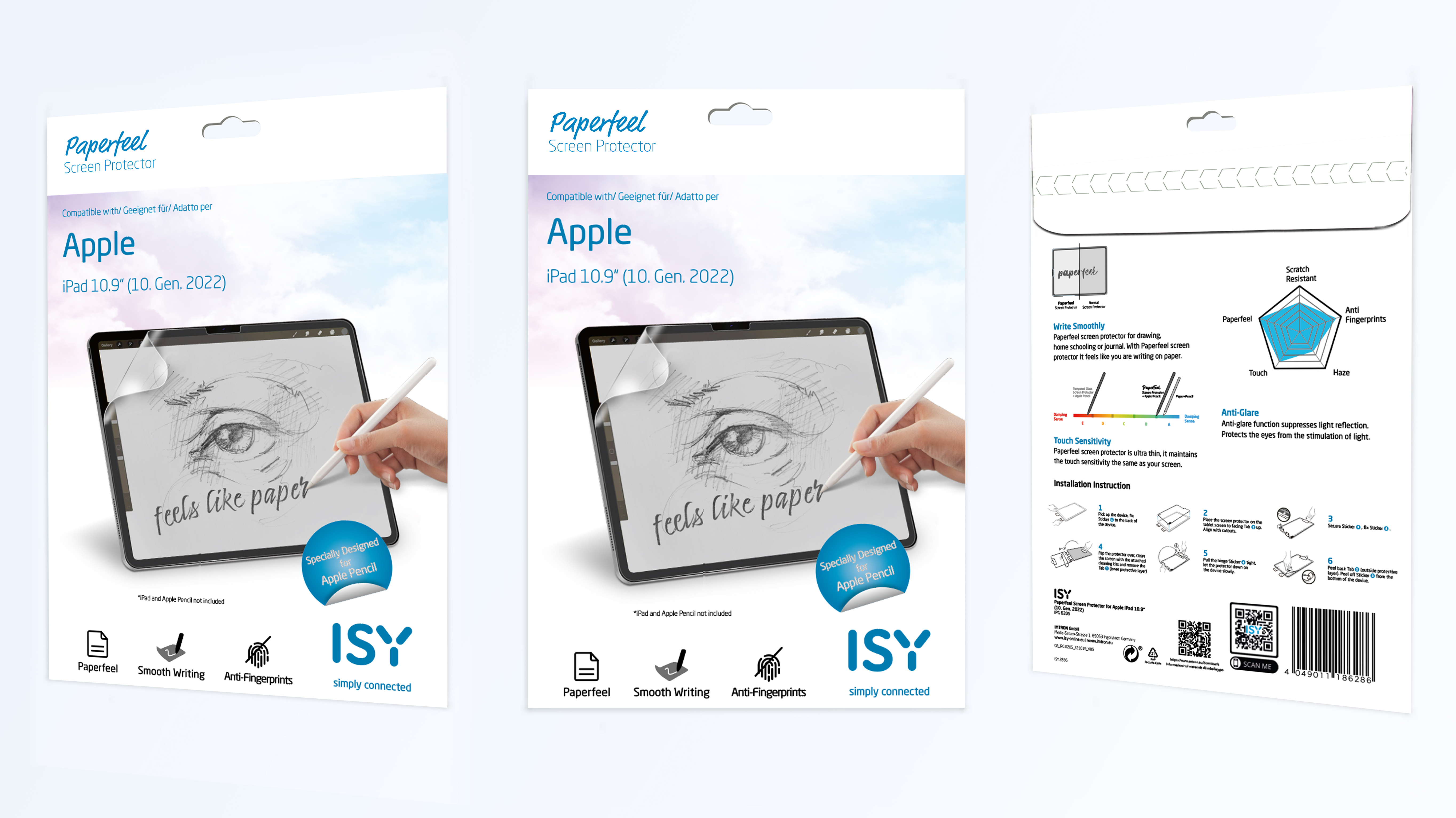 Drei Verpackungen eines Displayschutzes für Apple iPad mit einer Zeichnung einer Hand mit Stift.