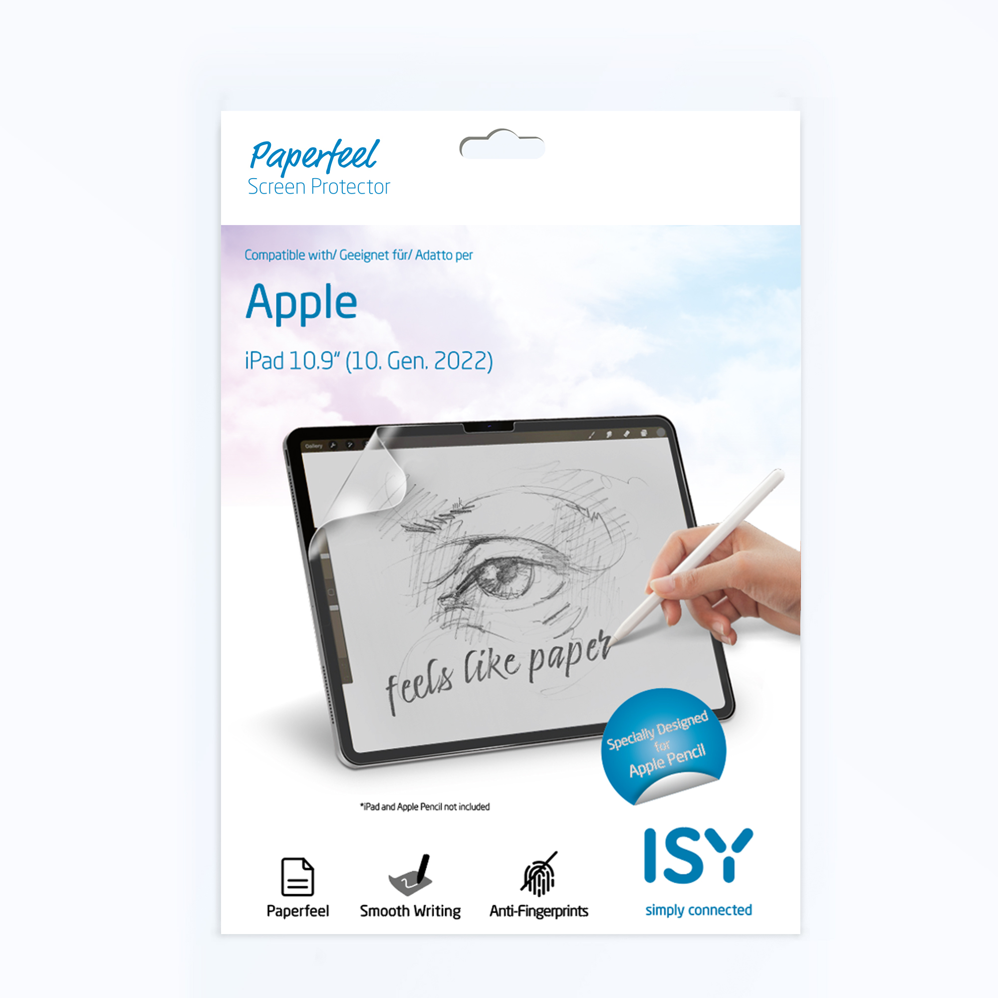 Bildschirmschutzverpackung mit einem iPad und einer Bleistiftillustration.