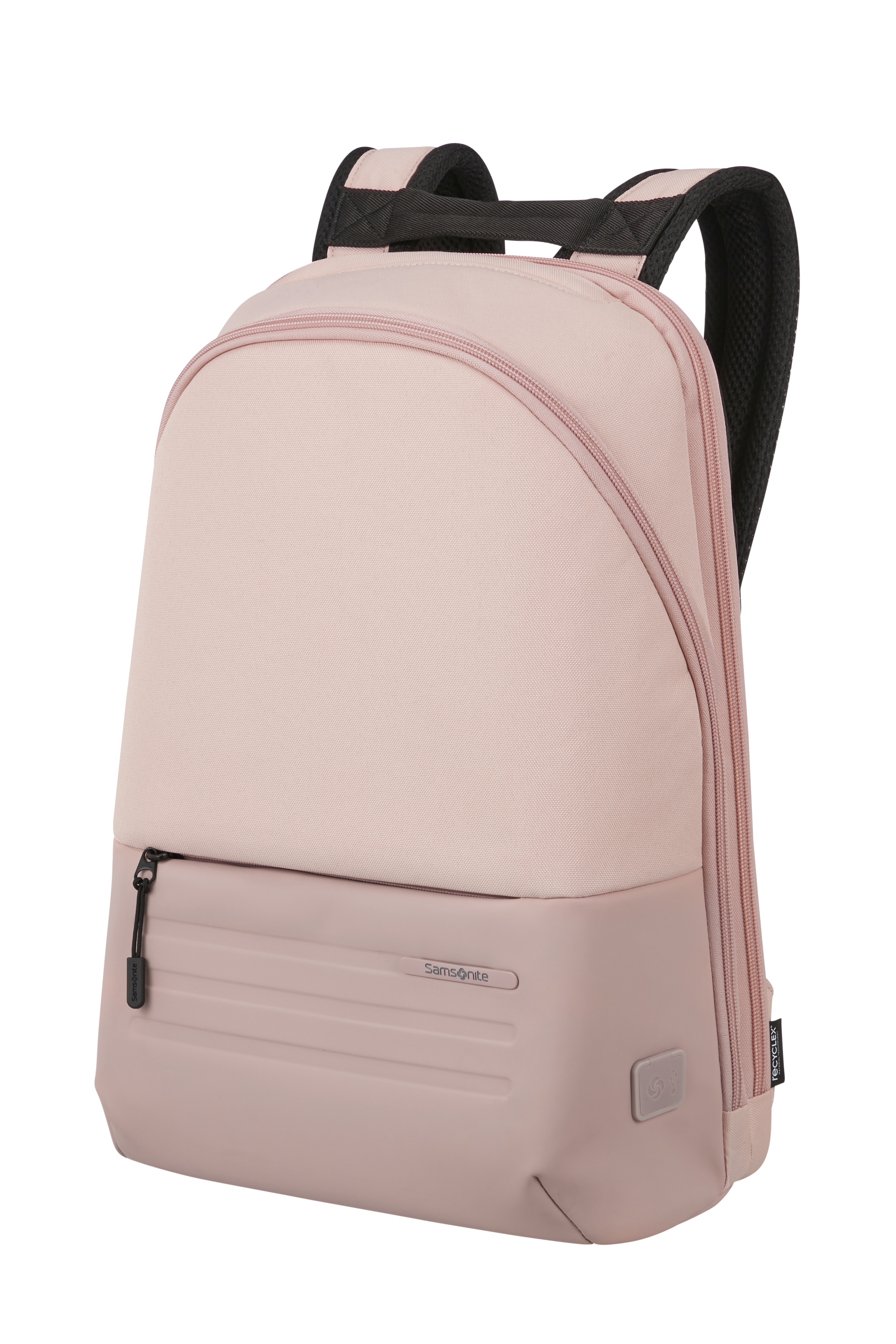 Pembe Samsonite sırt çantası, aerodinamik bir tasarıma ve üstte bir tutamağa sahip. Beyaz zemin.