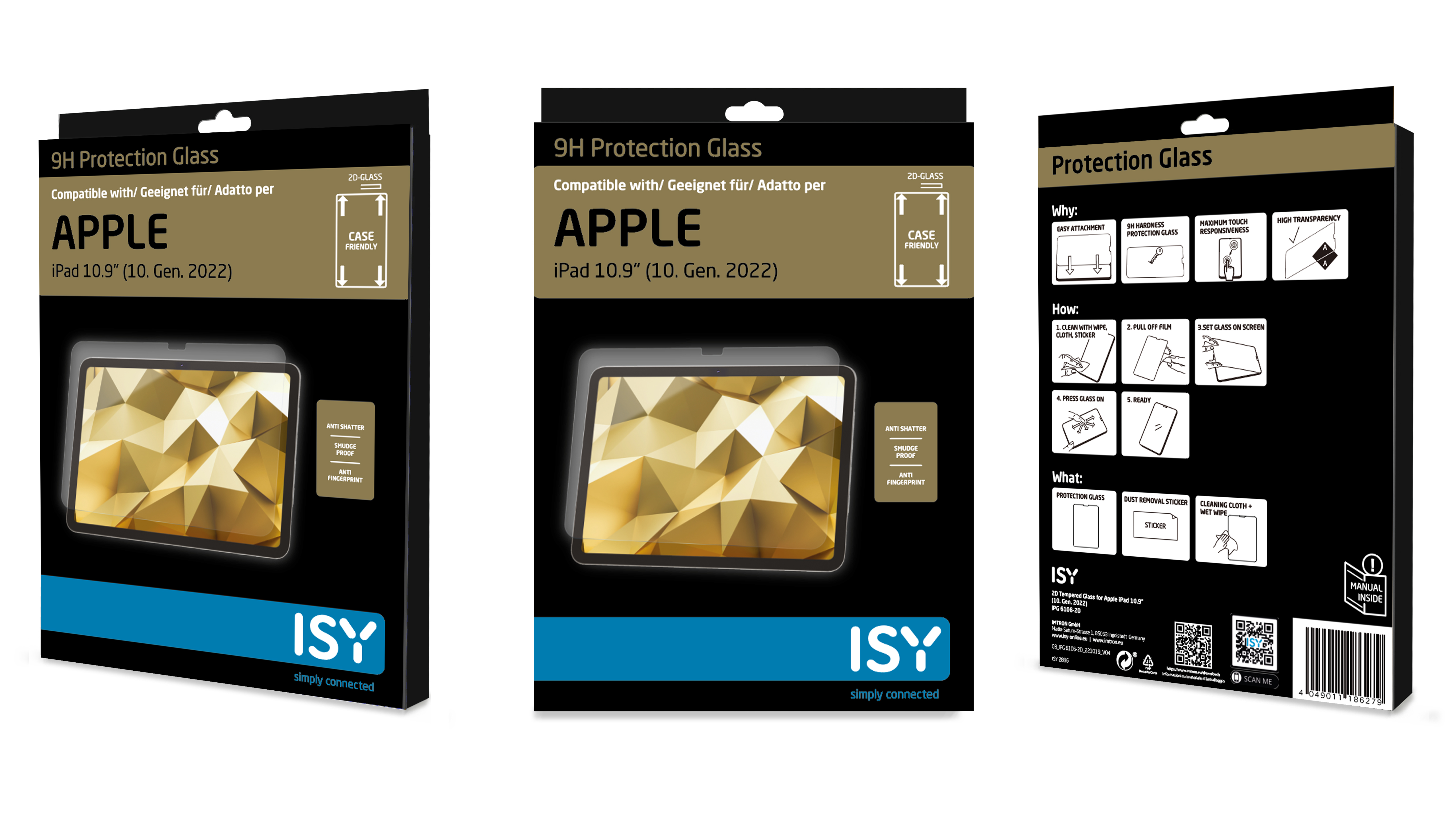 Drei Schachteln für iPad-Displayschutzfolien. Die Schachteln sind schwarz, mit dem Apple-Logo und Produktinfo.