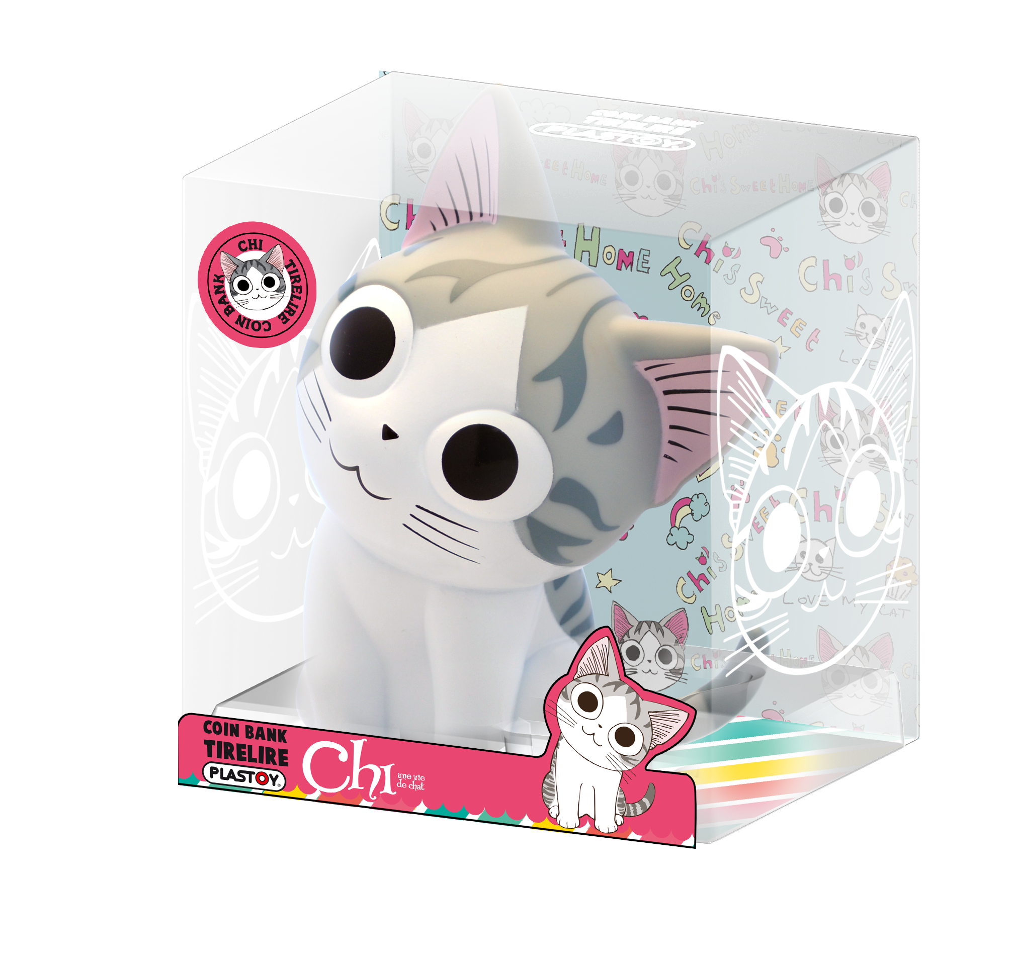 Eine weiße Katzenfigur in einer durchsichtigen Box, mit einem Cartoon-Katzen-Design auf der Box und dem Sockel.