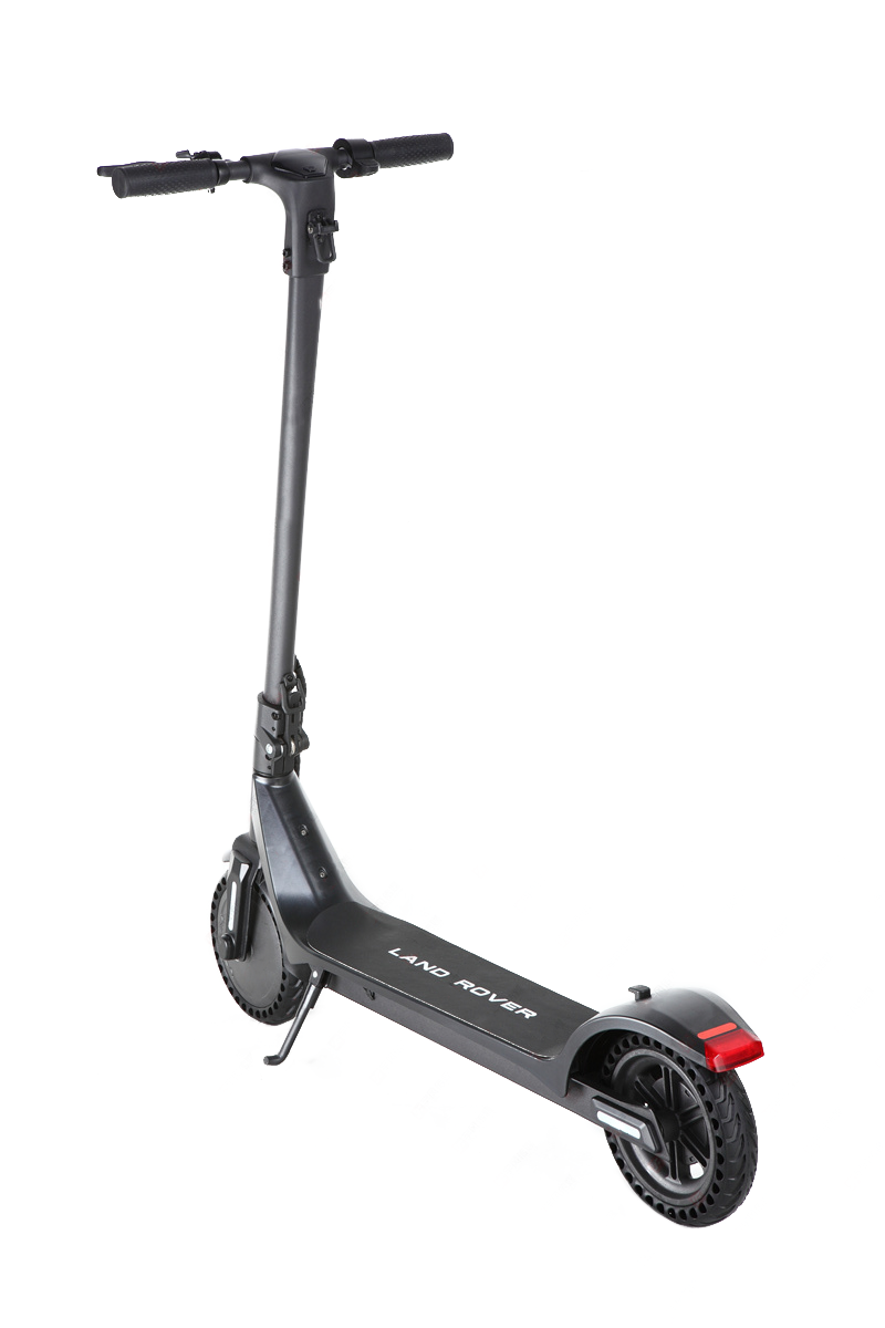 Beyaz zemin üzerinde siyah Land Rover elektrikli scooter, yukarıdan açılı olarak görülüyor.