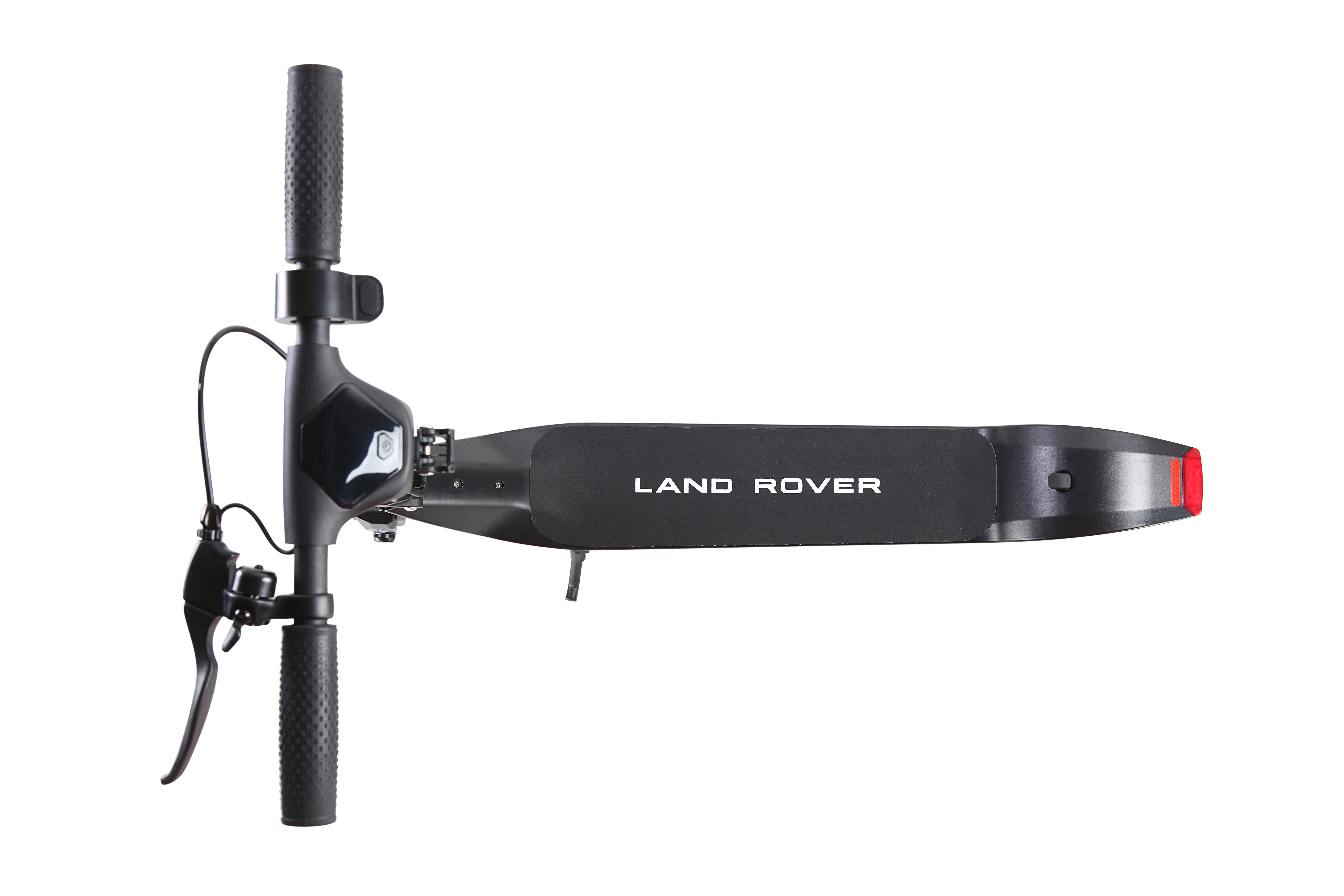 Siyah Land Rover scooter, yukarıdan görünüm. Beyaz zemin.