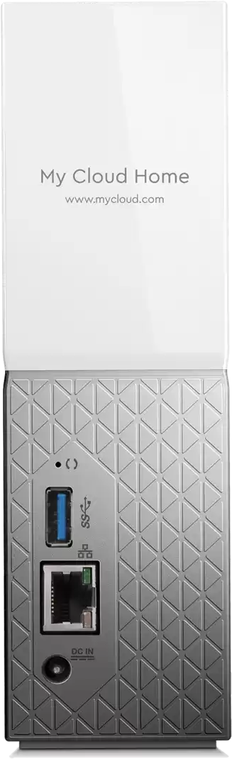 Un dispositivo bianco con una facciata argentata. Ha una porta USB, una porta Ethernet e una porta DC in.