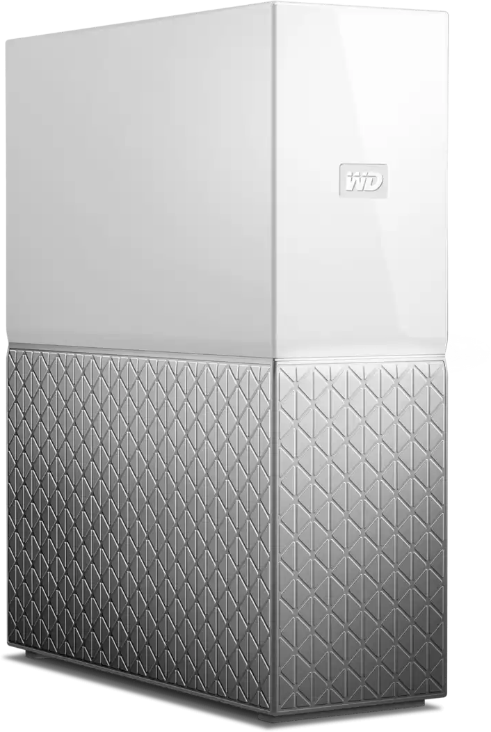 Un disco rigido esterno bianco con una metà inferiore geometrica strutturata e una metà superiore liscia.