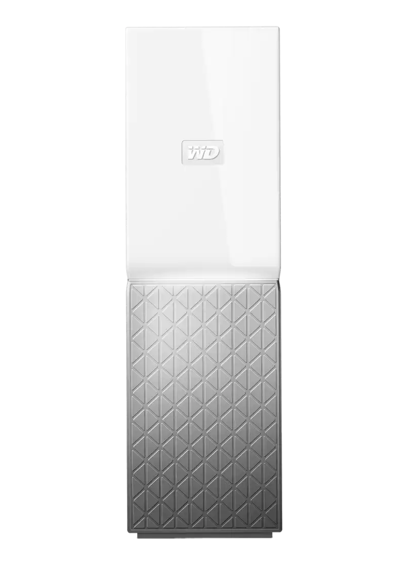 Disco rigido esterno bianco. Forma rettangolare con fondo testurizzato e logo WD. Nero.