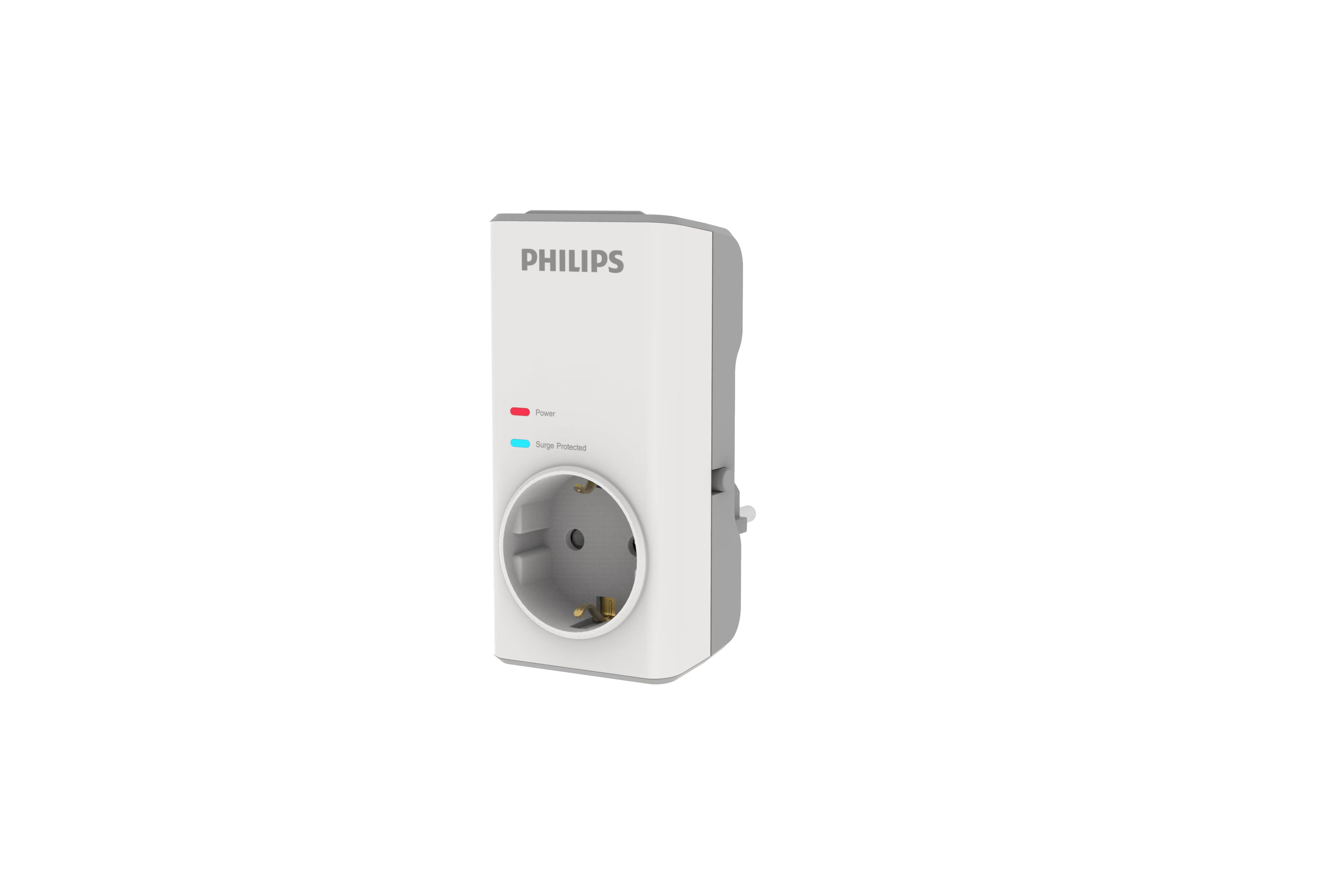Fiş ve iki gösterge ışığına sahip beyaz Philips güç adaptörü. Siyah zemin.