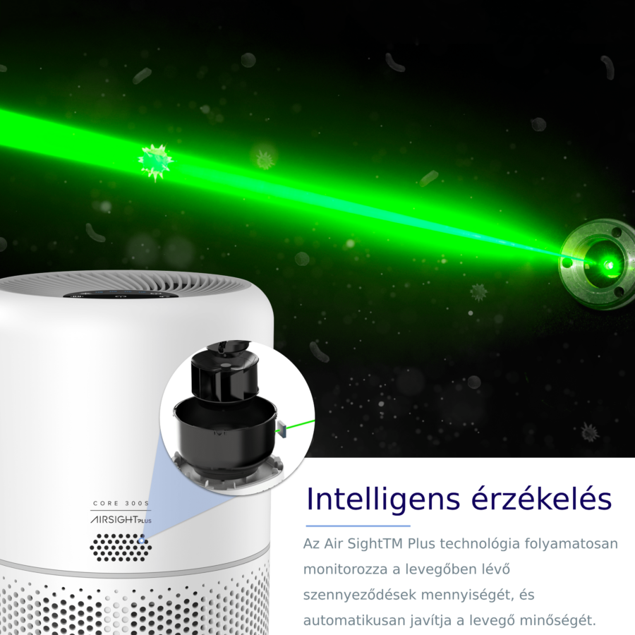 Fehér légtisztító zöld lézerrel, szűrővel.