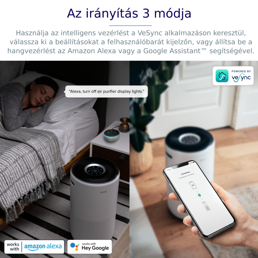 A kép egy fehér légtisztítót és egy telefont mutat egy ágy mellett.