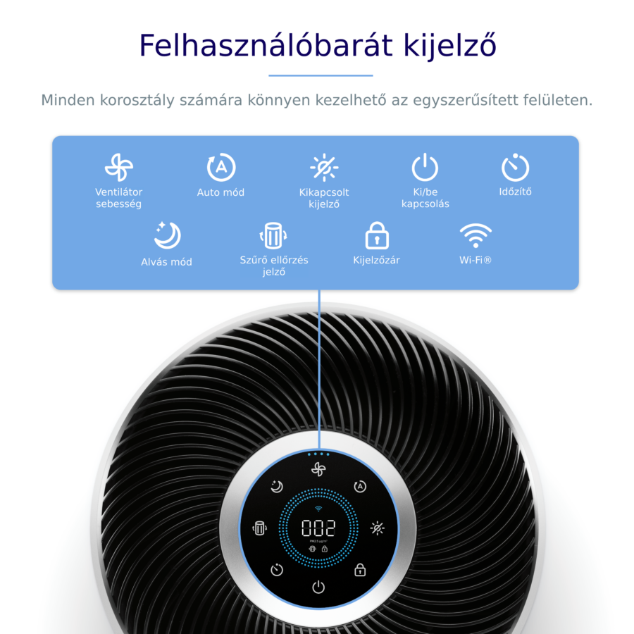 Légtisztító vezérlőpanellel. Beállítások ikonjai. Fekete-fehér design.