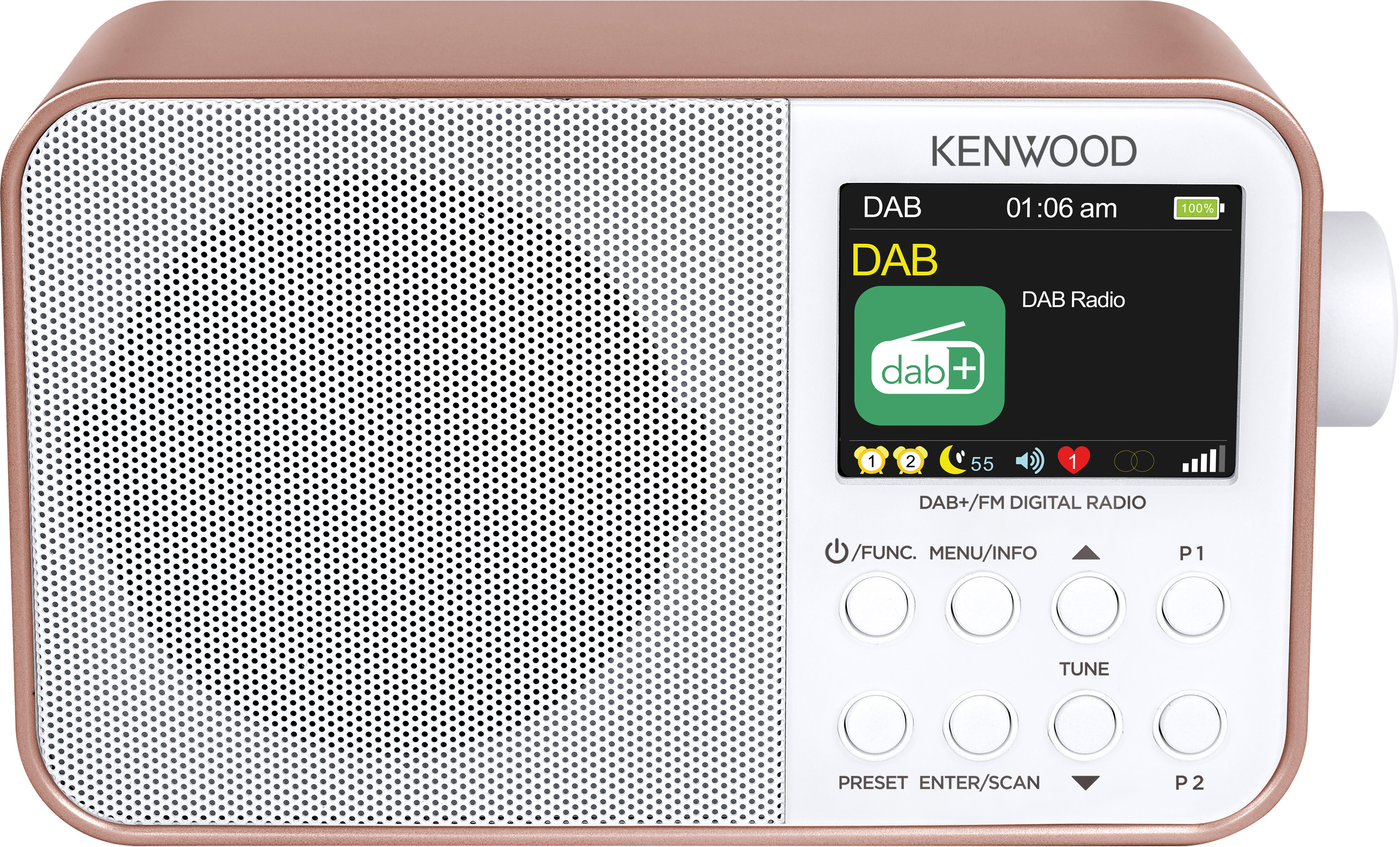 Roségoldenes Kenwood DAB-Radio. Der Bildschirm zeigt DAB-Radioinformationen und die Uhrzeit an.