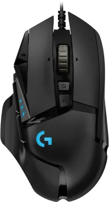Fekete gamer egér gombokkal és kék logóval fekete háttéren.