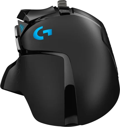 Fekete Logitech gaming egér. Kék fénylő logó.