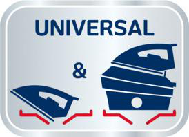 Ein Logo mit zwei Bügeleisen und dem Wort "UNIVERSAL".